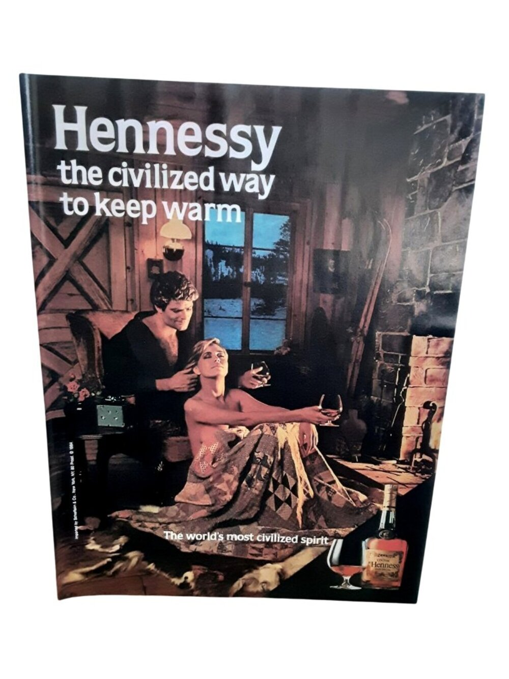 Vintage 1984 Hennessy Ad Cognac Cabin Fireplace Romantic Scene